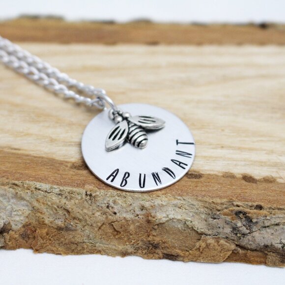 Bee Abundant - Hand Stamped Pendant Necklace - Handmade & Hypoallergenic - Picture 5 of 6